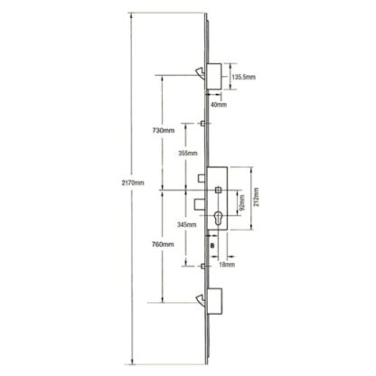 Fuhr Latch Deadbolt 2 Rollers 2 Hooks Key Wind Operated Multipoint Door Lock (top hook to spindle = 730mm) - Image 2