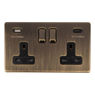 Eurolite AB2USBCB 2 Gang 13Amp Switched Socket With USB C Ant Brass (LEAD TIME: 2-3 DAYS)
