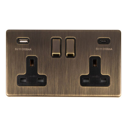 Eurolite AB2USBCB 2 Gang 13Amp Switched Socket With USB C Ant Brass (LEAD TIME: 2-3 DAYS)