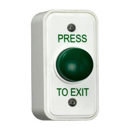CQR AEB18 Surface Mounted Narrow Plastic Green Dome Button - Legend "Press To Exit" (LEAD TIME: 2-3 DAYS)