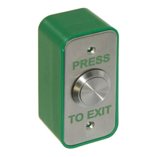CQR AEB25 Surface Mounted Narrow Exit Button - Legend "Press To Exit" - Stainless Steel / Green Back Box (LEAD TIME: 2-3 DAYS)