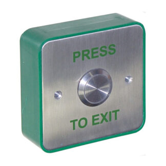 CQR AEB26 Surface Mounted Stainless 22mm Exit Button NO/NC - Legend "Press To Exit" - Stainless Steel / Green Back Box (LEAD TIME: 2-3 DAYS)