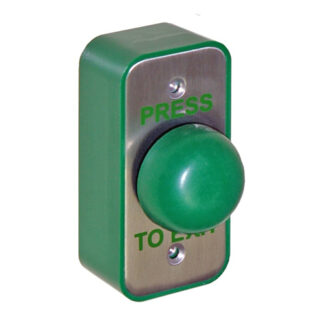 CQR AEB27 Surface Narrow Green Dome Exit Button - Legend "Press To Exit" - Stainless Steel / Green Back Box (LEAD TIME: 2-3 DAYS)