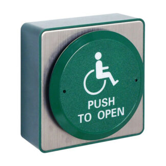 CQR AEB511 Surface Mounted Request To Exit Large Green Disc Button - Legend "Push To Open" - Green (LEAD TIME: 2-3 DAYS)