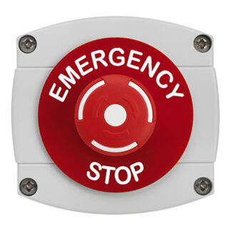 CQR AEB55 IP66 Grey/Red Surface Box With Red Push On / Twist Off Button - Legend "Emergency Stop" (LEAD TIME: 2-3 DAYS)