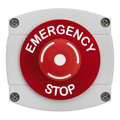 CQR AEB55 IP66 Grey/Red Surface Box With Red Push On / Twist Off Button - Legend "Emergency Stop" (LEAD TIME: 2-3 DAYS)