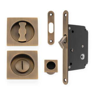 Alexander & Wilks AW111RAB Sliding Door Lock Set - Square Roses - Radius Forend & Strike-Antique Brass (LEAD TIME: 2-3 DAYS)