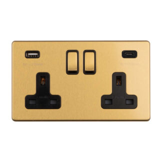 Eurolite ECSB2USBCB 2 Gang 13Amp Switched Socket With USB C Satin Brass (LEAD TIME: 2-3 DAYS)