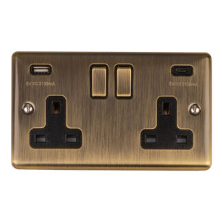 Eurolite EN2USBCABB 2 Gang 13Amp Switched Socket With USB C Antique Brass (LEAD TIME: 2-3 DAYS)