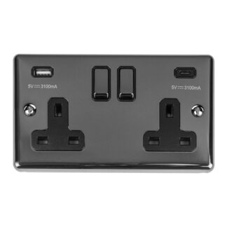 Eurolite EN2USBCBNB 2 Gang 13Amp Switched Socket With USB C Black Nickel (LEAD TIME: 2-3 DAYS)