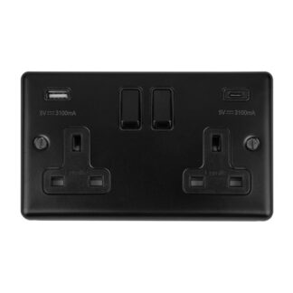Eurolite EN2USBCMBB 2 Gang 13Amp Switched Socket With USB C Matt Black (LEAD TIME: 2-3 DAYS)