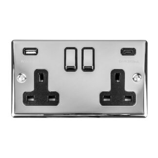 Eurolite EN2USBCPCB 2 Gang 13Amp Switched Socket With USB C Polished Chrome (LEAD TIME: 2-3 DAYS)