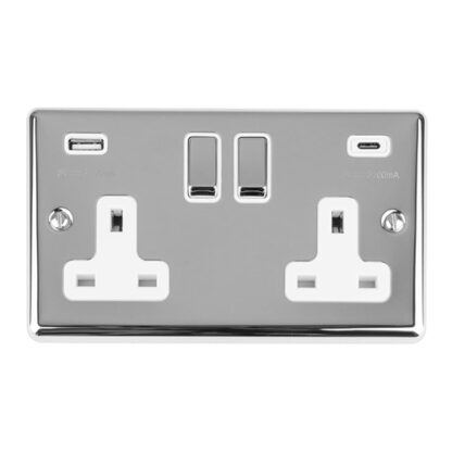 Eurolite EN2USBCPCW 2 Gang 13Amp Switched Socket With USB C Polished Chrome (LEAD TIME: 2-3 DAYS)