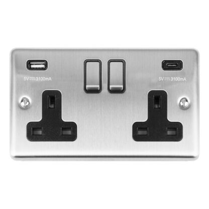 Eurolite EN2USBCSSB 2 Gang 13Amp Switched Socket With USB C Stainless Steel (LEAD TIME: 2-3 DAYS)