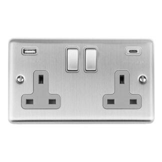 Eurolite EN2USBCSSG 2 Gang 13Amp Switched Socket With USB C Stainless Steel (LEAD TIME: 2-3 DAYS)