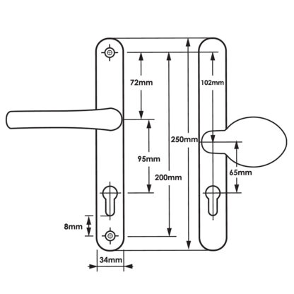 TSS Offset Lever Moveable Pad Multipoint Door Handles - 95/65mm PZ - Sprung - 200mm Screw Centres - Image 2