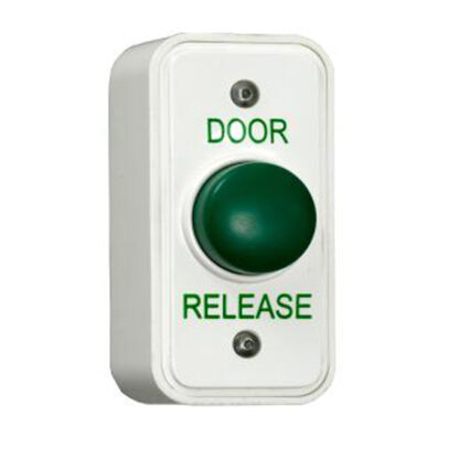 CQR AEB18/DR Surface Mounted Narrow Plastic Green Dome Button - Legend "Door Release" (LEAD TIME: 2-3 DAYS)