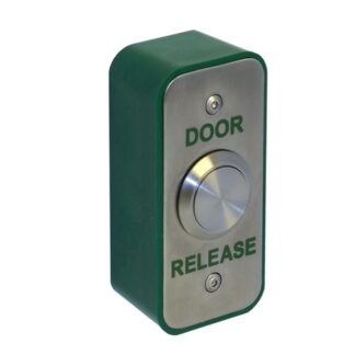 CQR AEB25/DR Surface Mounted Narrow Exit Button - Legend "Door Release" - Stainless Steel / Green Back Box (LEAD TIME: 2-3 DAYS)