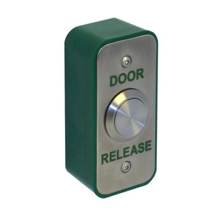 CQR AEB25/DR Surface Mounted Narrow Exit Button - Legend "Door Release" - Stainless Steel / Green Back Box (LEAD TIME: 2-3 DAYS)