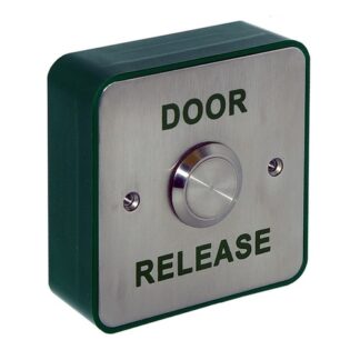 CQR AEB26/DR Surface Mounted Stainless 22mm Exit Button NO/NC - Legend "Door Release" - Stainless Steel / Green Back Box (LEAD TIME: 2-3 DAYS)