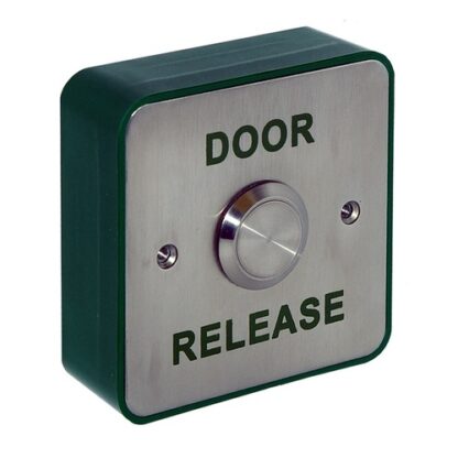 CQR AEB26/DR Surface Mounted Stainless 22mm Exit Button NO/NC - Legend "Door Release" - Stainless Steel / Green Back Box (LEAD TIME: 2-3 DAYS)