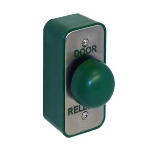 CQR AEB27/DR Surface Narrow Green Dome Exit Button - Legend "Door Release" - Stainless Steel / Green Back Box (LEAD TIME: 2-3 DAYS)