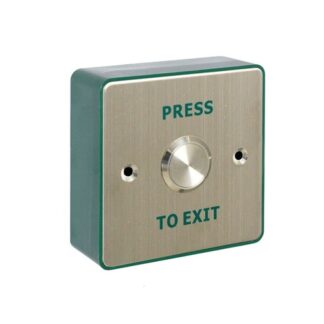 CQR AEB503/B Surface Mounted Request To Exit Switch With 22mm Button - Legend "Press To Exit" - Stainless Steel / Green Back Box (LEAD TIME: 2-3 DAYS)