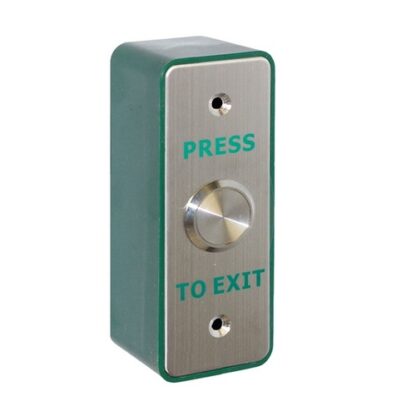 CQR AEB504/B Surface Mounted Request To Exit Switch With 22mm Button - Legend "Press To Exit" (Mullion) - Stainless Steel / Green Back Box (LEAD TIME: 2-3 DAYS)