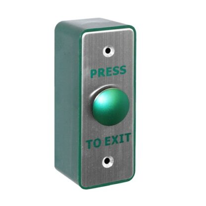 CQR AEB506/B Surface Mounted Request To Exit Switch With Green Dome - Legend "Press To Exit" (Mullion) - Stainless Steel / Green Back Box (LEAD TIME: 2-3 DAYS)