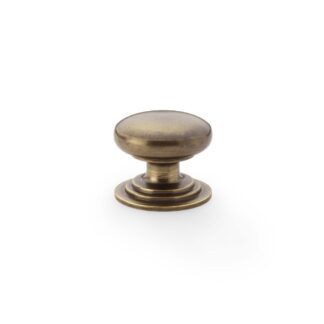Alexander & Wilks AW825-32-AB Waltz Round Cupboard Knob on Stepped Rose - Antique Brass - 32mm (LEAD TIME: 2-3 DAYS)