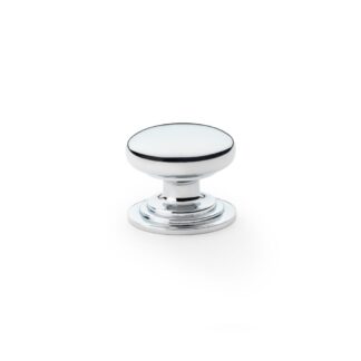 Alexander & Wilks AW825-32-PC Waltz Round Cupboard Knob on Stepped Rose - Polished Chrome - 32mm (LEAD TIME: 2-3 DAYS)