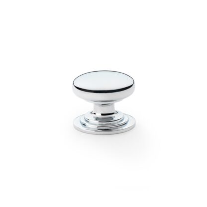 Alexander & Wilks AW825-32-PC Waltz Round Cupboard Knob on Stepped Rose - Polished Chrome - 32mm (LEAD TIME: 2-3 DAYS)
