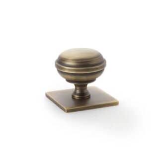 Alexander & Wilks AW826-34-AB Quantock Cupboard Knob on Square Backplate - Antique Brass - 34mm (LEAD TIME: 2-3 DAYS)