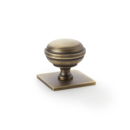 Alexander & Wilks AW826-34-AB Quantock Cupboard Knob on Square Backplate - Antique Brass - 34mm (LEAD TIME: 2-3 DAYS)