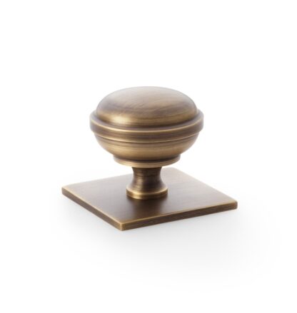 Alexander & Wilks AW826-38-AB Quantock Cupboard Knob on Square Backplate - Antique Brass - 38mm (LEAD TIME: 2-3 DAYS)