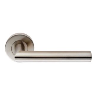 EuroSpec CSL1195SSS/201 MITRED OVAL LEVER ON SPRUNG PUSH-ON ROUND ROSE (LEAD TIME: 2-3 DAYS)