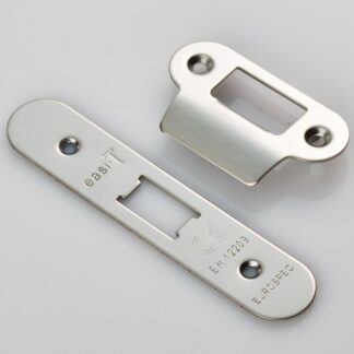 EuroSpec FSF5008BSS/R Forend Strike & Fixing Pack To Suit Flat Latch FLL5030-Bright Stainless Steel-Radius Forend (LEAD TIME: 2-3 DAYS)
