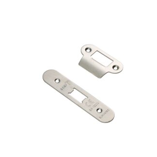 EuroSpec FSF5008SSS/R Forend Strike & Fixing Pack To Suit Flat Latch FLL5030-Satin Stainless Steel-Radius Forend (LEAD TIME: 2-3 DAYS)