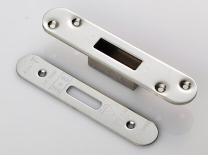 EuroSpec FSF5012BSS/R Easi T Forend Strikes & Fixing Pack To Suit BS 5 Lever Deadlock-Bright Stainless Steel-Radius Forend (LEAD TIME: 2-3 DAYS)