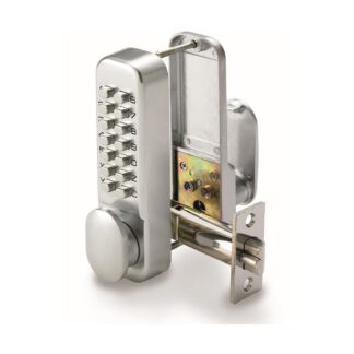 CQR SBL310.SFR Push Button Lock | Traditional Code | Fire Rated | Knob | Satin Chrome | 3 - 7 Digits | Hold Back (LEAD TIME: 2-3 DAYS)