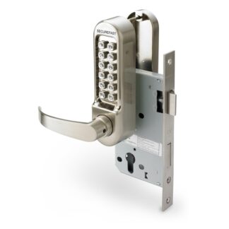 CQR SBL365.SLFR/91R Push Button Lock | Easy Code | Fire Rated | Lever | Satin Chrome | 1 - 11 Digits | With Radius Forend Sashlock (LEAD TIME: 2-3 DAYS)