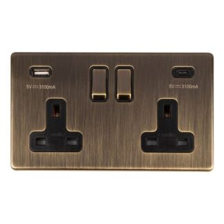 Eurolite AB2USBCB 2-Gang 13Amp Switched Socket with USB-C Ant Brass (LEAD TIME: 2-3 DAYS)