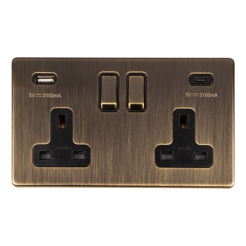 Eurolite AB2USBCB 2-Gang 13Amp Switched Socket with USB-C Ant Brass (LEAD TIME: 2-3 DAYS)
