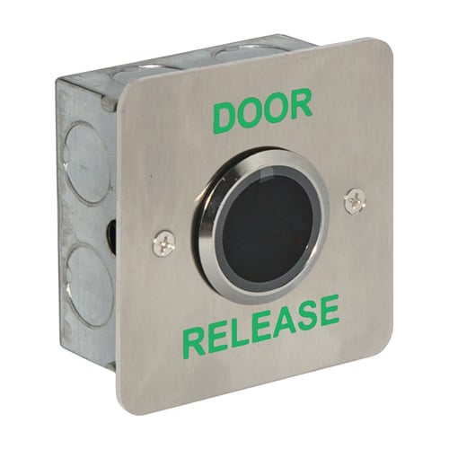CQR AEB0689-1DR-WS Touch Free Exit Button IP65 With 25mm Button - Legend "Door Release" With Shroud - Stainless Steel (LEAD TIME: 2-3 DAYS)