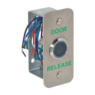 CQR AEB0699-1NSDR Touch Free Exit Button IP65 With 20mm Button, Narrow Plate - Legend "Door Release" - Stainless Steel (LEAD TIME: 2-3 DAYS)