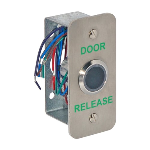 CQR AEB0699-1NSDR Touch Free Exit Button IP65 With 20mm Button, Narrow Plate - Legend "Door Release" - Stainless Steel (LEAD TIME: 2-3 DAYS)