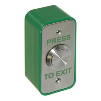 CQR AEB25 Surface Mounted Narrow Exit Button - Legend "Press To Exit" - Stainless Steel / Green Back Box (LEAD TIME: 2-3 DAYS)