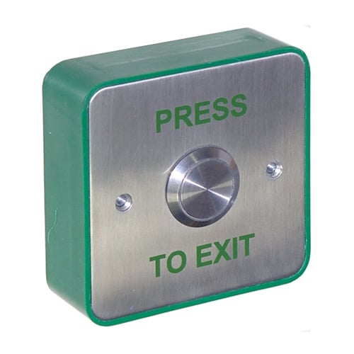 CQR AEB26 Surface Mounted Stainless 22mm Exit Button NO/NC - Legend "Press To Exit" - Stainless Steel / Green Back Box (LEAD TIME: 2-3 DAYS)
