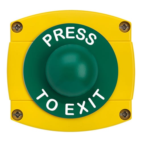 CQR AEB41 IP66 Yellow/Green Surface Box With Momentary Green Dome - Legend "Press To Exit" (LEAD TIME: 2-3 DAYS)