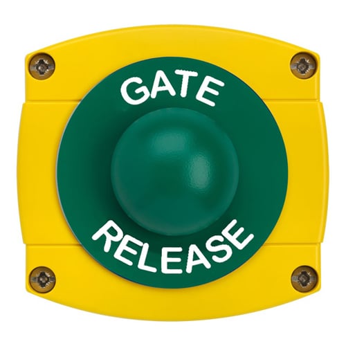 CQR AEB42 IP66 Yellow/Green Surface Box With Momentary Green Dome - Legend "Gate Release" (LEAD TIME: 2-3 DAYS)